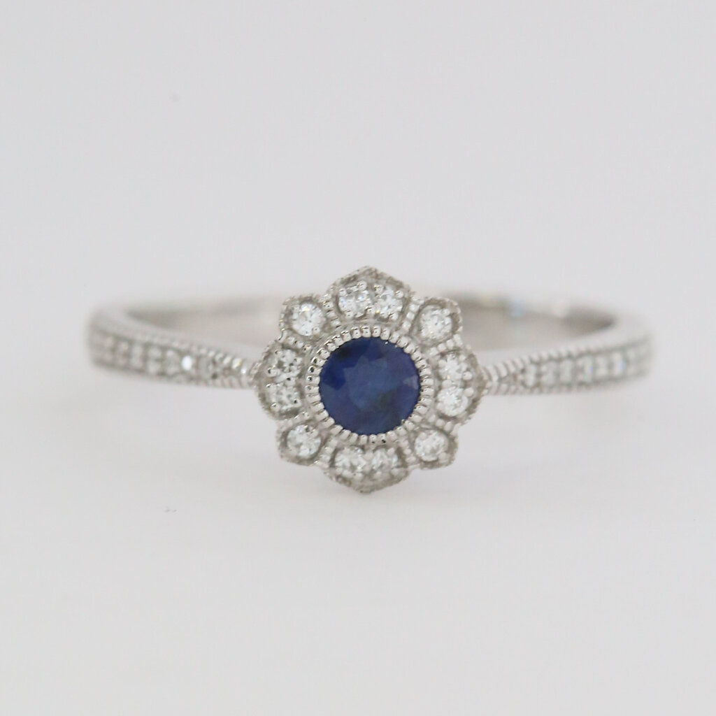 American Jewelry 14k White Gold .18ct Sapphire .16ctw Diamond Milgrain Halo Ring