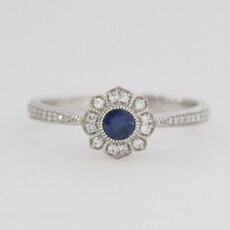 American Jewelry 14k White Gold .18ct Sapphire .16ctw Diamond Milgrain Halo Ring