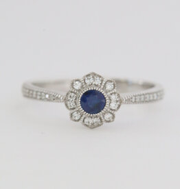 American Jewelry 14k White Gold .18ct Sapphire .16ctw Diamond Milgrain Halo Ring