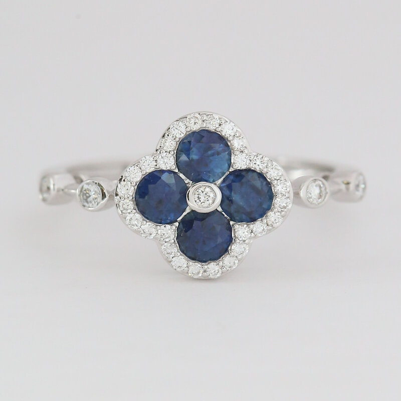 American Jewelry 14k White Gold .17ctw Diamond .21ctw Sapphire Clover Halo Ring