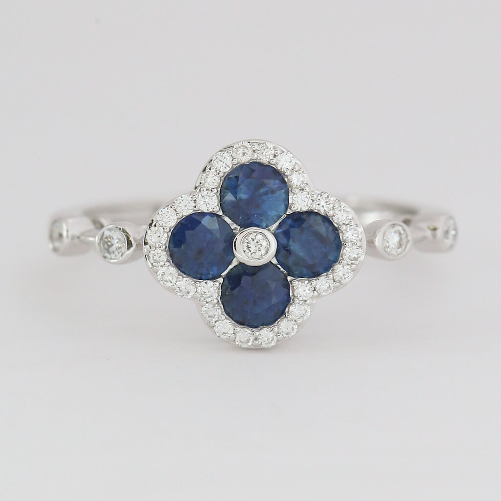 American Jewelry 14k White Gold .17ctw Diamond .21ctw Sapphire Clover Halo Ring