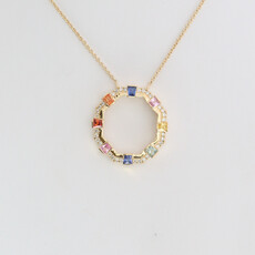 American Jewelry 14k Yellow Gold .78ctw Multi Color Sapphire .17ctw Diamond Open Circle Necklace