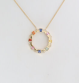 American Jewelry 14k Yellow Gold .78ctw Multi Color Sapphire .17ctw Diamond Open Circle Necklace