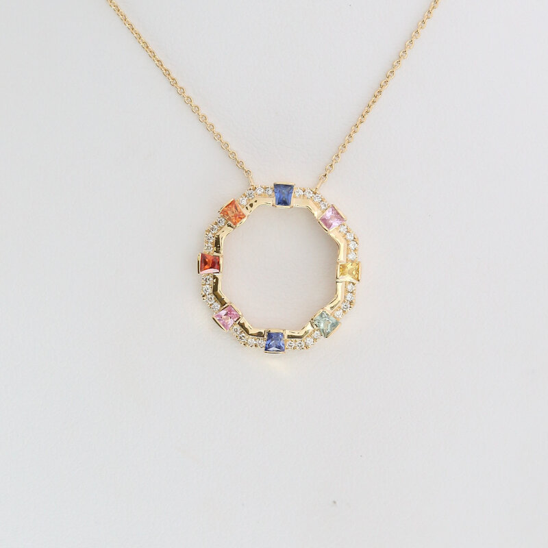 American Jewelry 14k Yellow Gold .78ctw Multi Color Sapphire .17ctw Diamond Open Circle Necklace