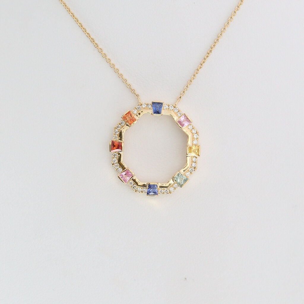 American Jewelry 14k Yellow Gold .78ctw Multi Color Sapphire .17ctw Diamond Open Circle Necklace