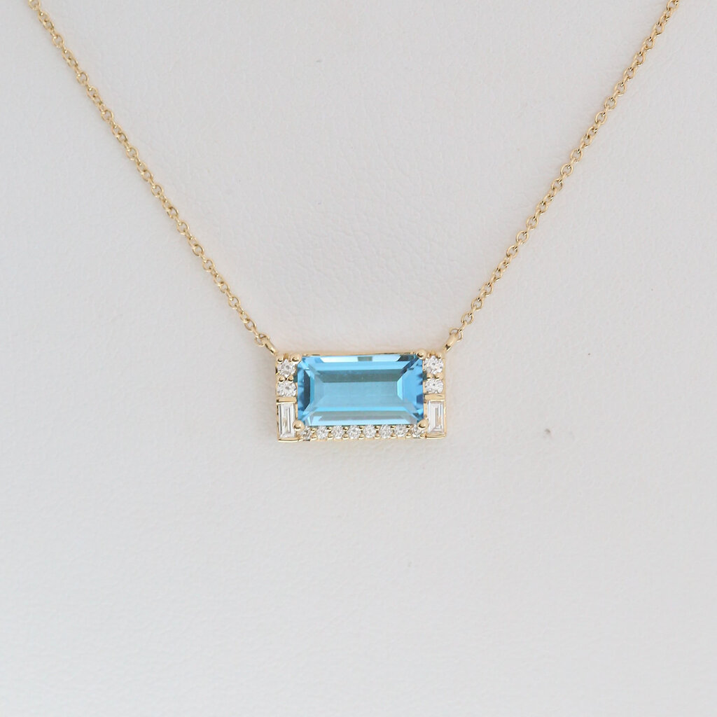 American Jewelry 14k Yellow Gold 1.94ct Blue Topaz .14ctw DIamond Accent East to West Emerald Cut Necklace