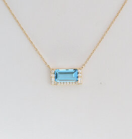 American Jewelry 14k Yellow Gold 1.94ct Blue Topaz .14ctw DIamond Accent East to West Emerald Cut Necklace
