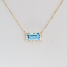 American Jewelry 14k Yellow Gold 1.94ct Blue Topaz .14ctw DIamond Accent East to West Emerald Cut Necklace