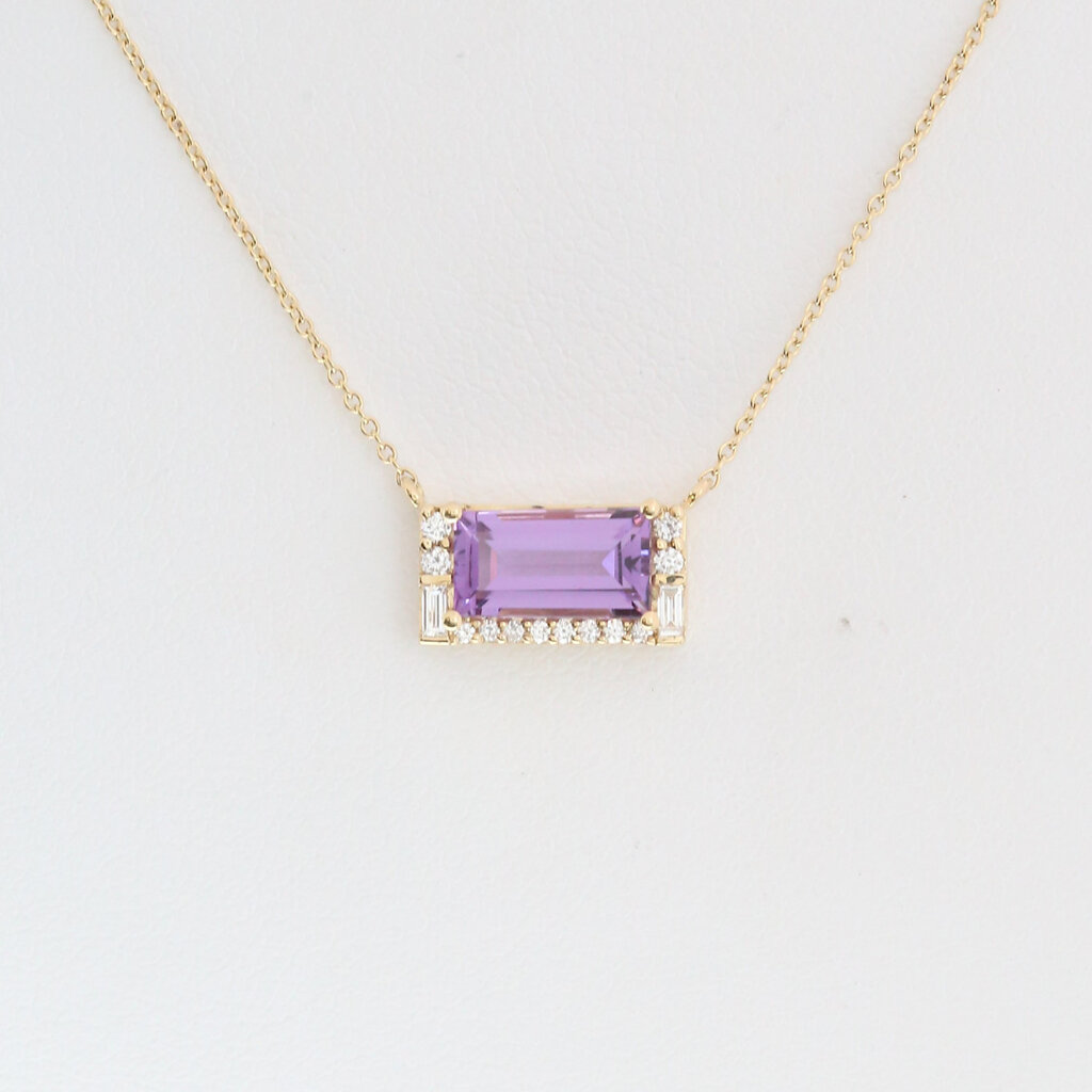 American Jewelry 14k Yellow Gold 1.25ct  Amethyst .14ctw DIamond Accent East to West Emerald Cut Necklace