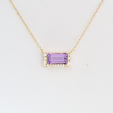 American Jewelry 14k Yellow Gold 1.25ct  Amethyst .14ctw DIamond Accent East to West Emerald Cut Necklace