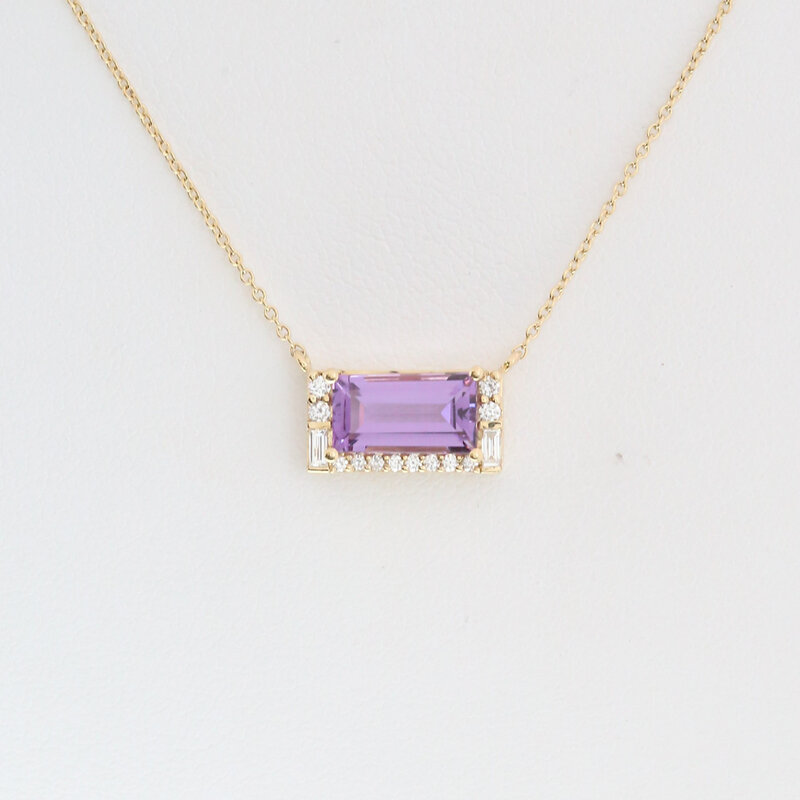 American Jewelry 14k Yellow Gold 1.25ct  Amethyst .14ctw DIamond Accent East to West Emerald Cut Necklace