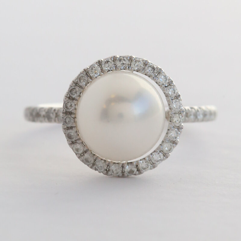 American Jewelry 14k White Gold .37ctw Diamond Akoya Pearl Halo Ring
