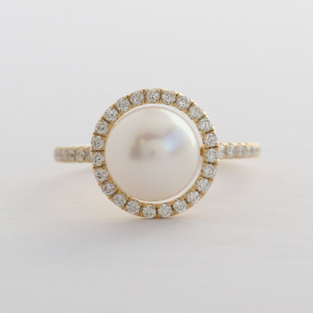 American Jewelry 14k Yellow Gold .37ctw Diamond Akoya Pearl Halo Ring