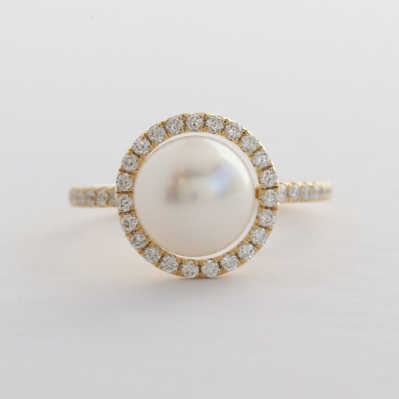 American Jewelry 14k Yellow Gold .37ctw Diamond Akoya Pearl Halo Ring