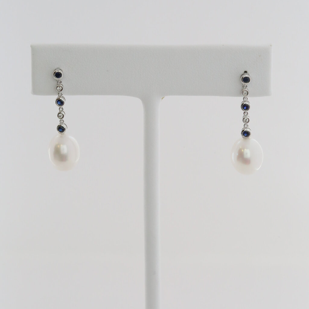 American Jewelry 14k White Gold .19ctw Sapphire .03ctw Diamond Accent Akoya Pearl Dangle Earrings