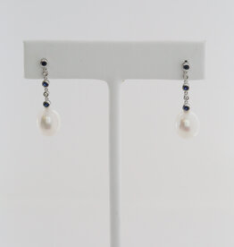 American Jewelry 14k White Gold .19ctw Sapphire .03ctw Diamond Accent Akoya Pearl Dangle Earrings