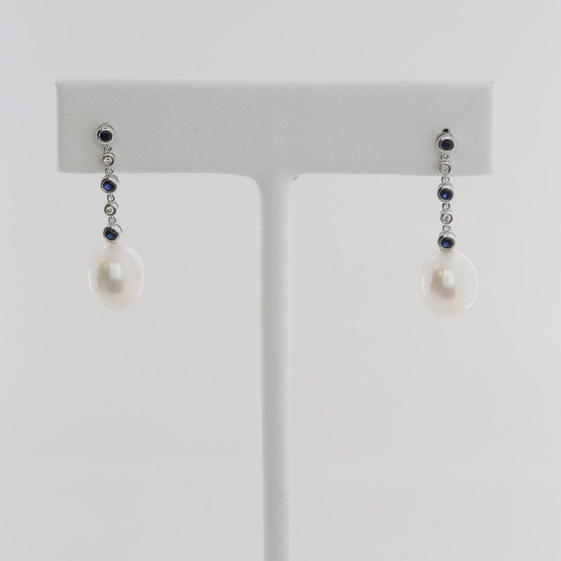 American Jewelry 14k White Gold .19ctw Sapphire .03ctw Diamond Accent Akoya Pearl Dangle Earrings