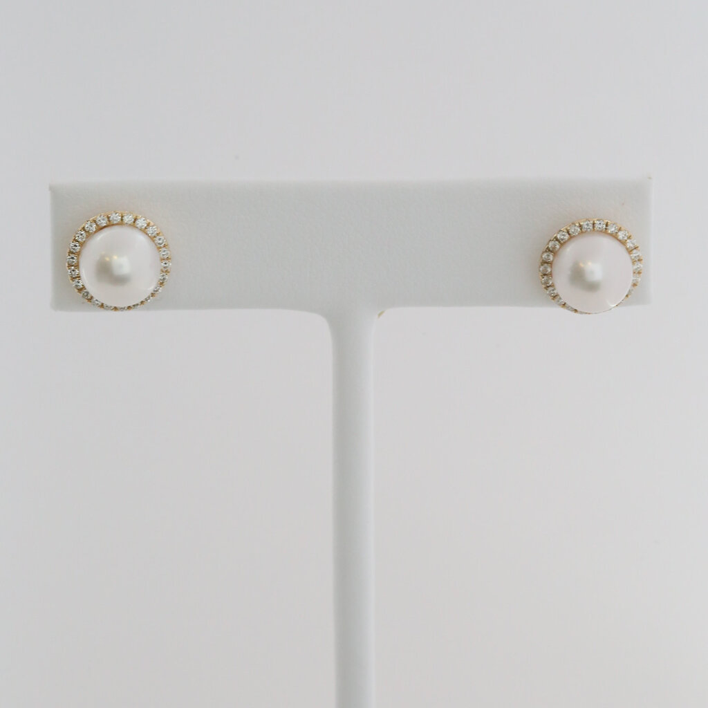 American Jewelry 14k Yellow Gold .34ctw Diamond Akoya Pearl Halo Stud Earrings
