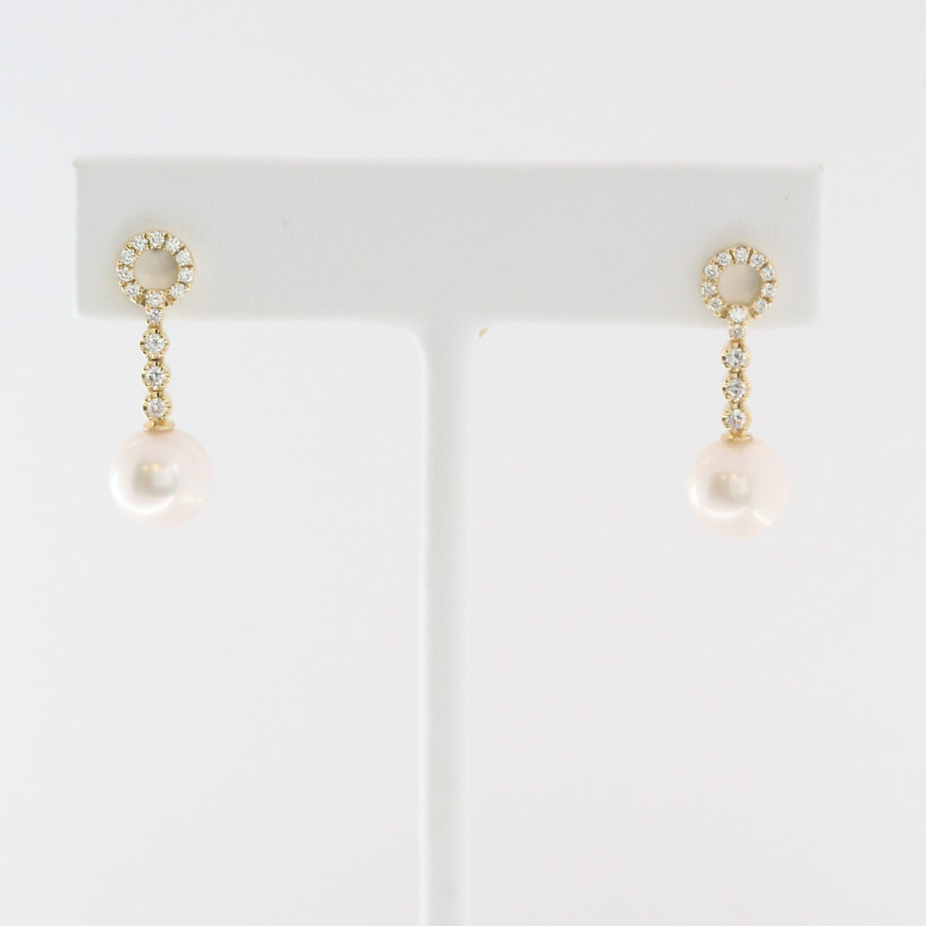 American Jewelry 14k Yellow Gold .33ctw Diamond Akoya Pearl Dangle Earrings