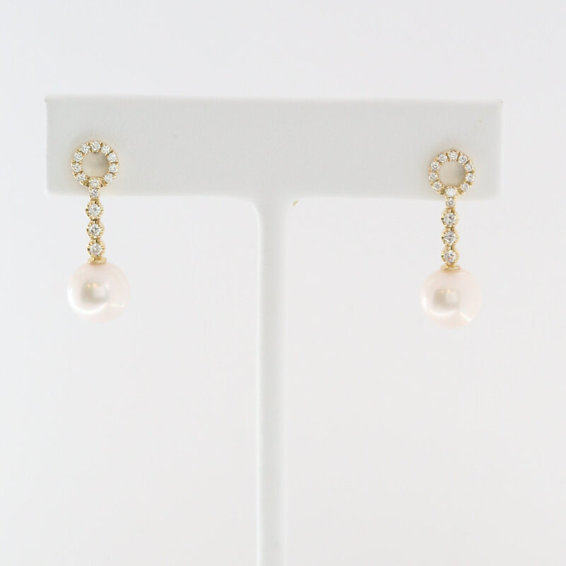 American Jewelry 14k Yellow Gold .33ctw Diamond Akoya Pearl Dangle Earrings