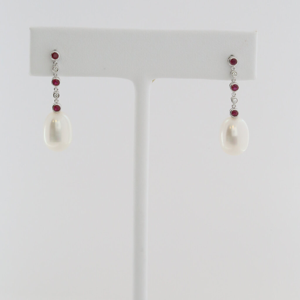American Jewelry 14k White Gold Akoya Pearl .19ctw Ruby .03ctw Diamond Accent Dangle Earrings