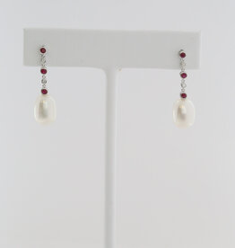 American Jewelry 14k White Gold Akoya Pearl .19ctw Ruby .03ctw Diamond Accent Dangle Earrings