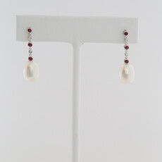 American Jewelry 14k White Gold Akoya Pearl .19ctw Ruby .03ctw Diamond Accent Dangle Earrings