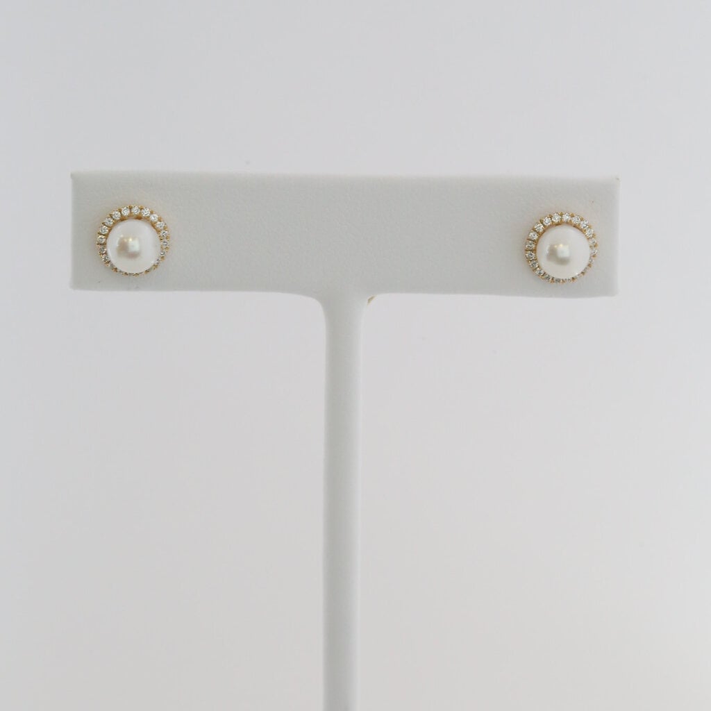 American Jewelry 14k Yellow Gold .19ctw Diamond Akoya Pearl Stud Earrings