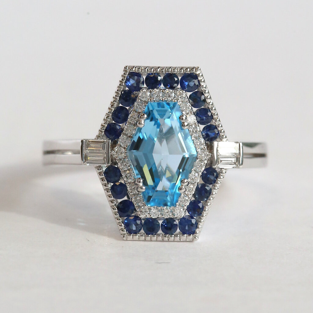 American Jewelry 14k White Gold 1.58ct Blue Topaz .35ctw Sapphire .19ctw Diamond Hexagon Ring