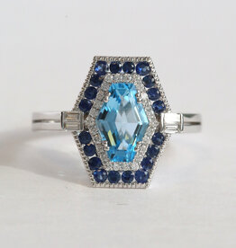 American Jewelry 14k White Gold 1.58ct Blue Topaz .35ctw Sapphire .19ctw Diamond Hexagon Ring