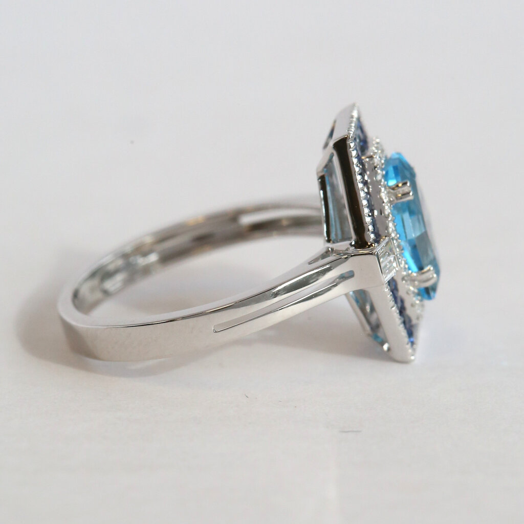 American Jewelry 14k White Gold 1.58ct Blue Topaz .35ctw Sapphire .19ctw Diamond Hexagon Ring