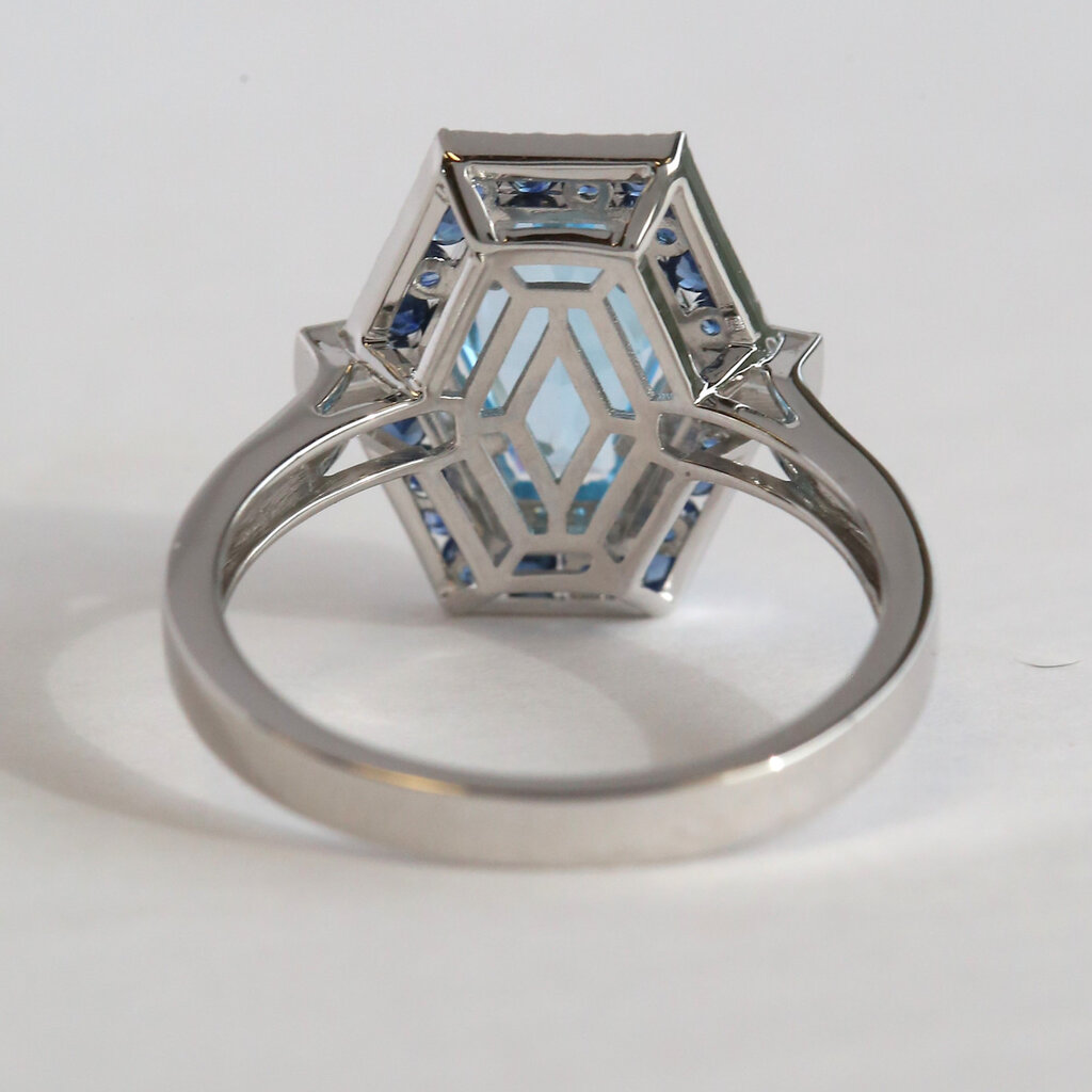 American Jewelry 14k White Gold 1.58ct Blue Topaz .35ctw Sapphire .19ctw Diamond Hexagon Ring