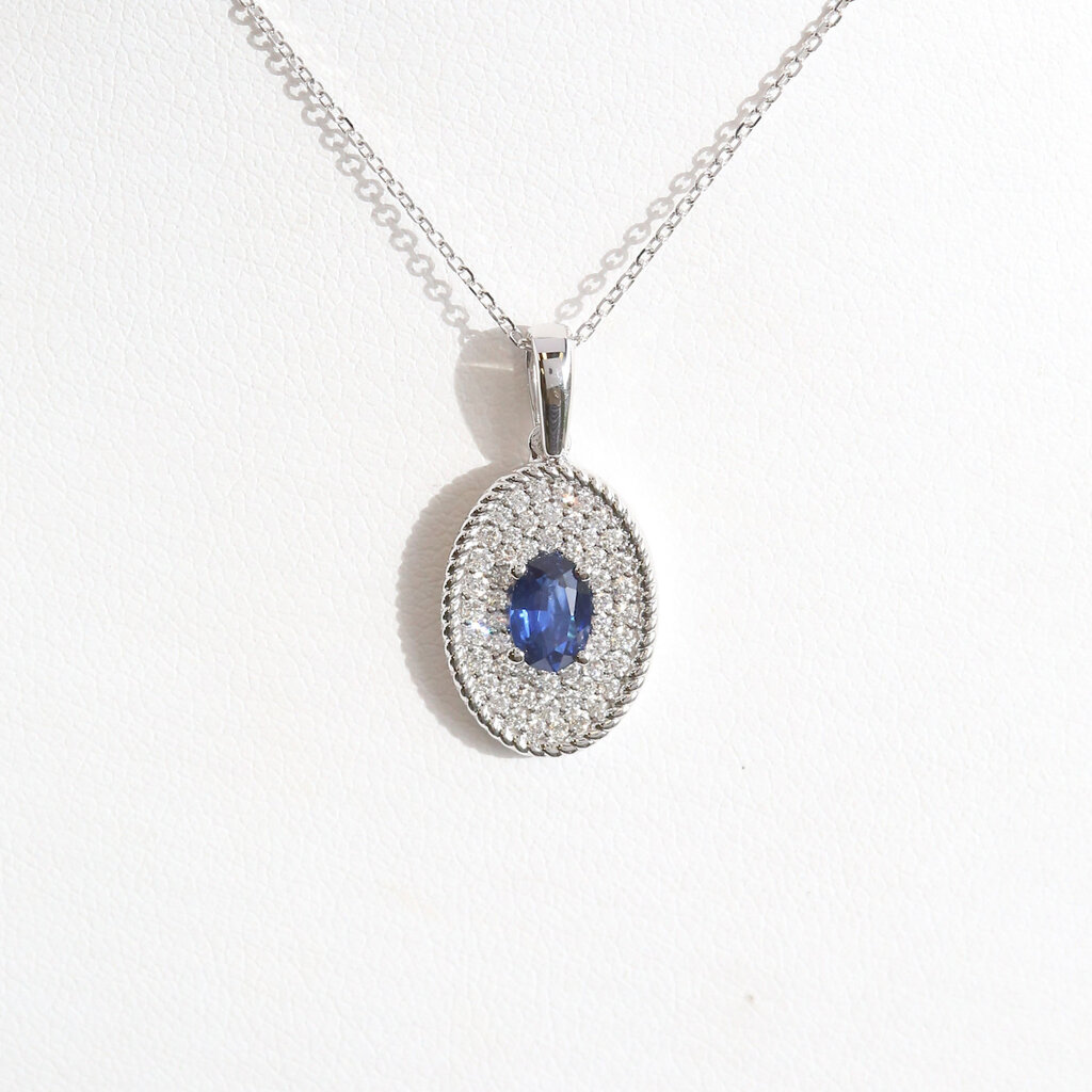 American Jewelry 14k White Gold .50ct Sapphire .30ctw Diamond Oval Pave Halo Necklace