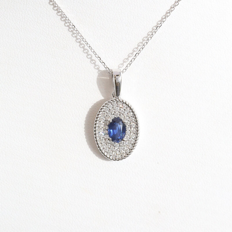 American Jewelry 14k White Gold .50ct Sapphire .30ctw Diamond Oval Pave Halo Necklace