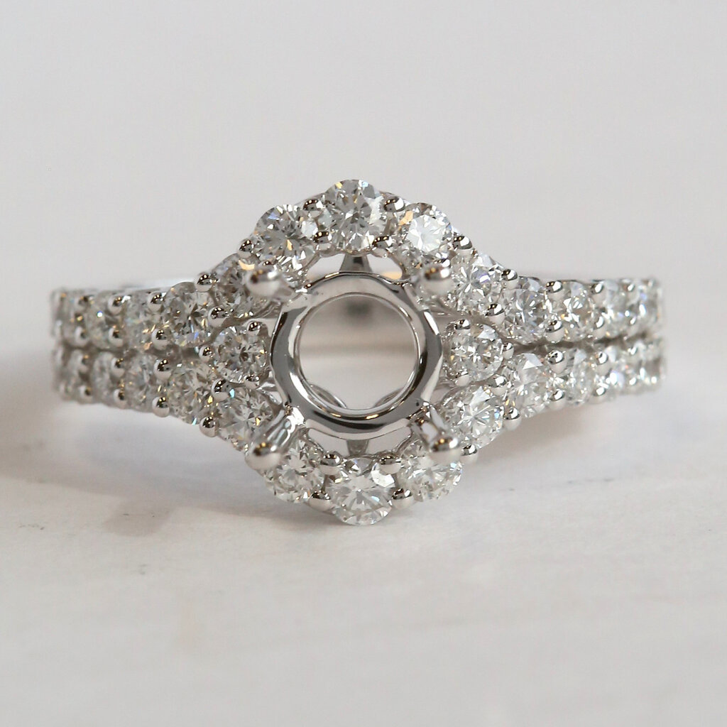 American Jewelry 14k White Gold 1.42ctw Diamond Double Row Halo Semi Mount Engagement Ring
