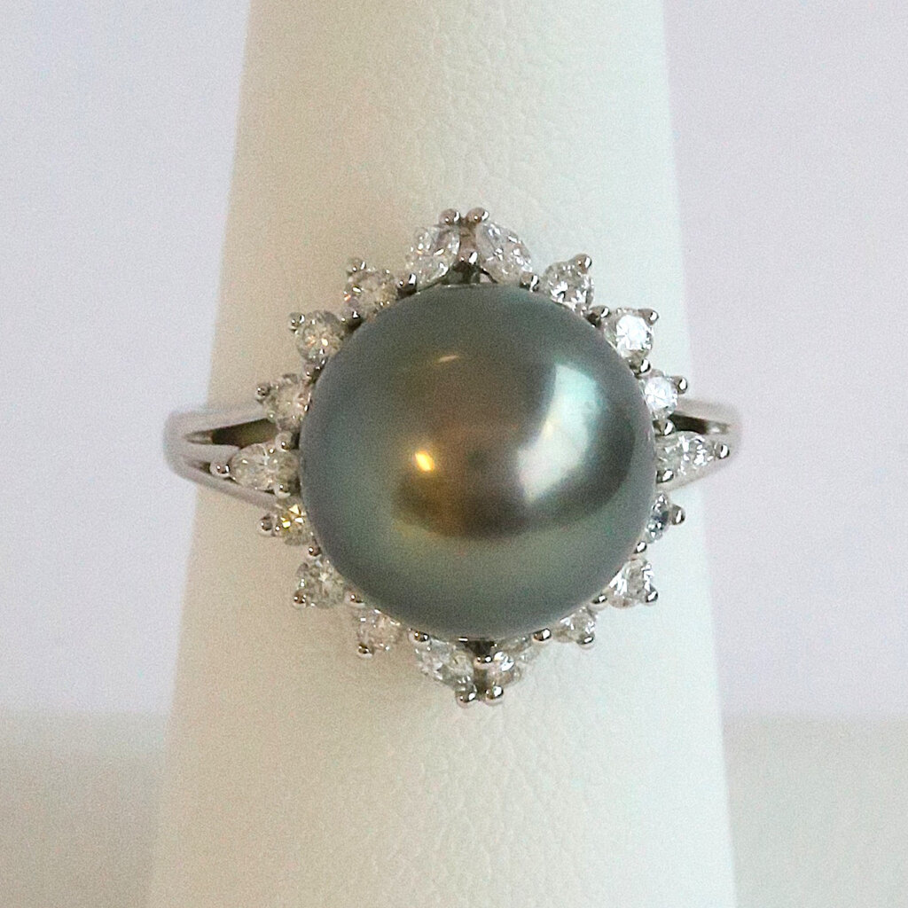 American Jewelry 14k White Gold 12mm Black Southsea Pearl .50ctw Diamond Halo Ring