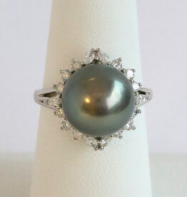 American Jewelry 14k White Gold 12mm Black Southsea Pearl .50ctw Diamond Halo Ring