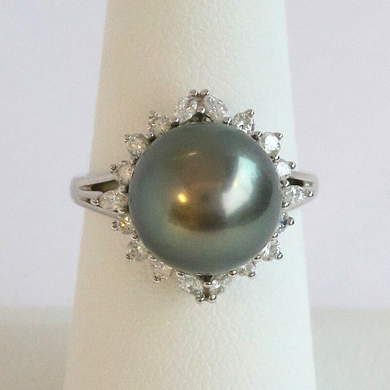 American Jewelry 14k White Gold 12mm Black Southsea Pearl .50ctw Diamond Halo Ring