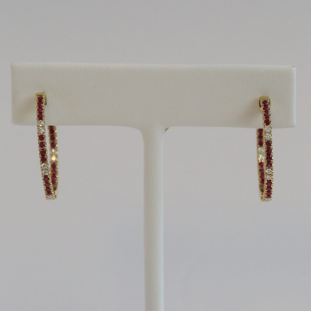 American Jewelry 14k Yellow Gold .61ctw Ruby .25ctw Diamond Inside Out Hoop Earrings