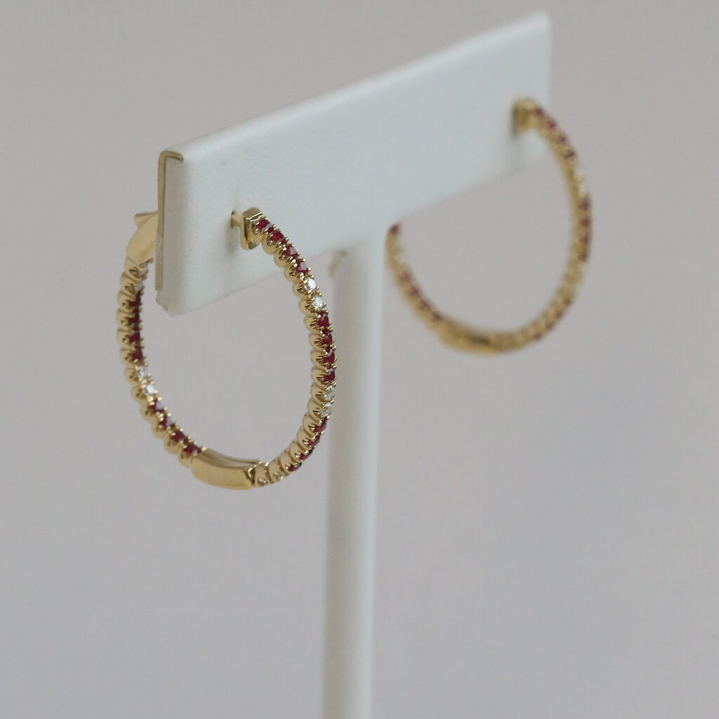 American Jewelry 14k Yellow Gold .61ctw Ruby .25ctw Diamond Inside Out Hoop Earrings