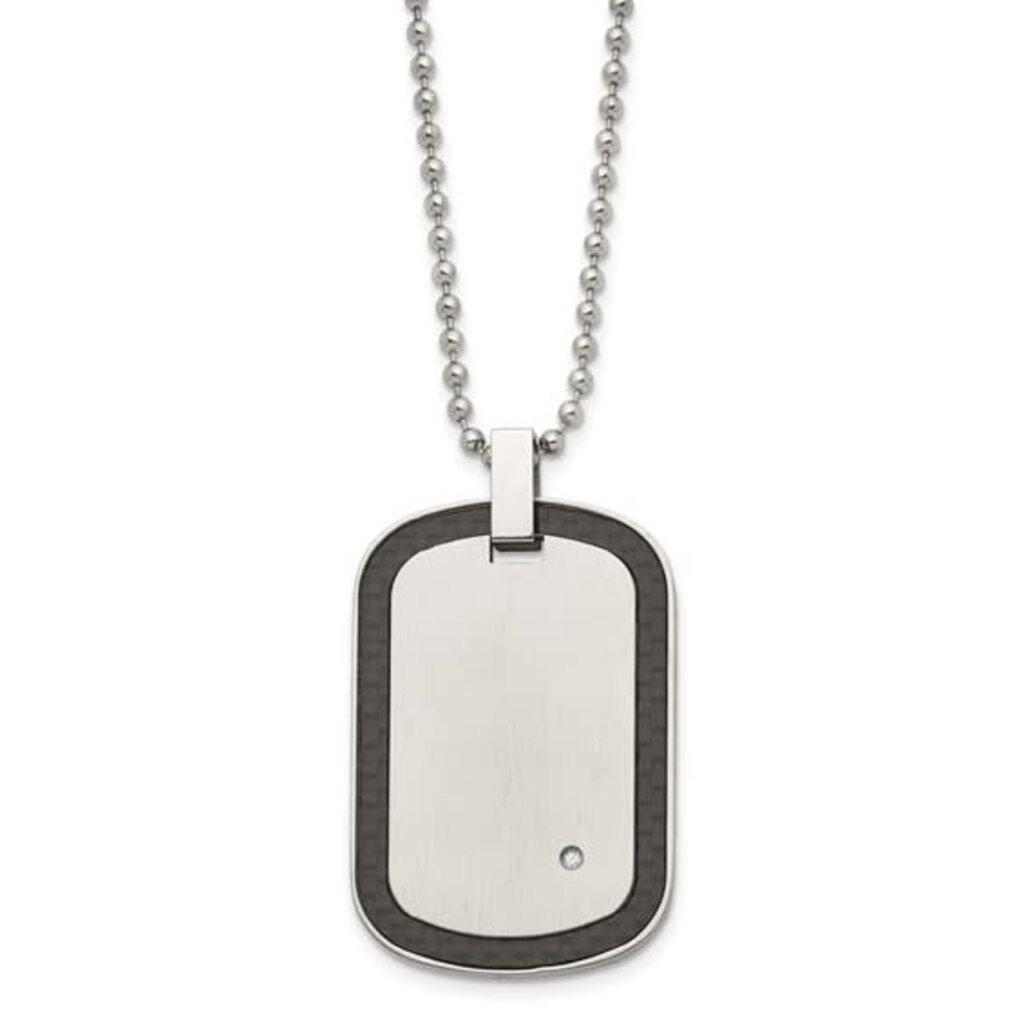 American Jewelry Stainless Steel Black Carbon Fiber Inlay w/ Diamond Accent Dog Tag Necklace (24")