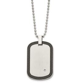 American Jewelry Stainless Steel Black Carbon Fiber Inlay w/ Diamond Accent Dog Tag Necklace (24")