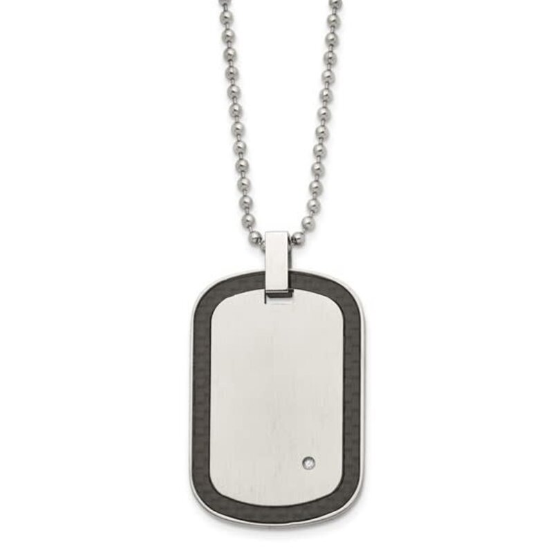 American Jewelry Stainless Steel Black Carbon Fiber Inlay w/ Diamond Accent Dog Tag Necklace (24")