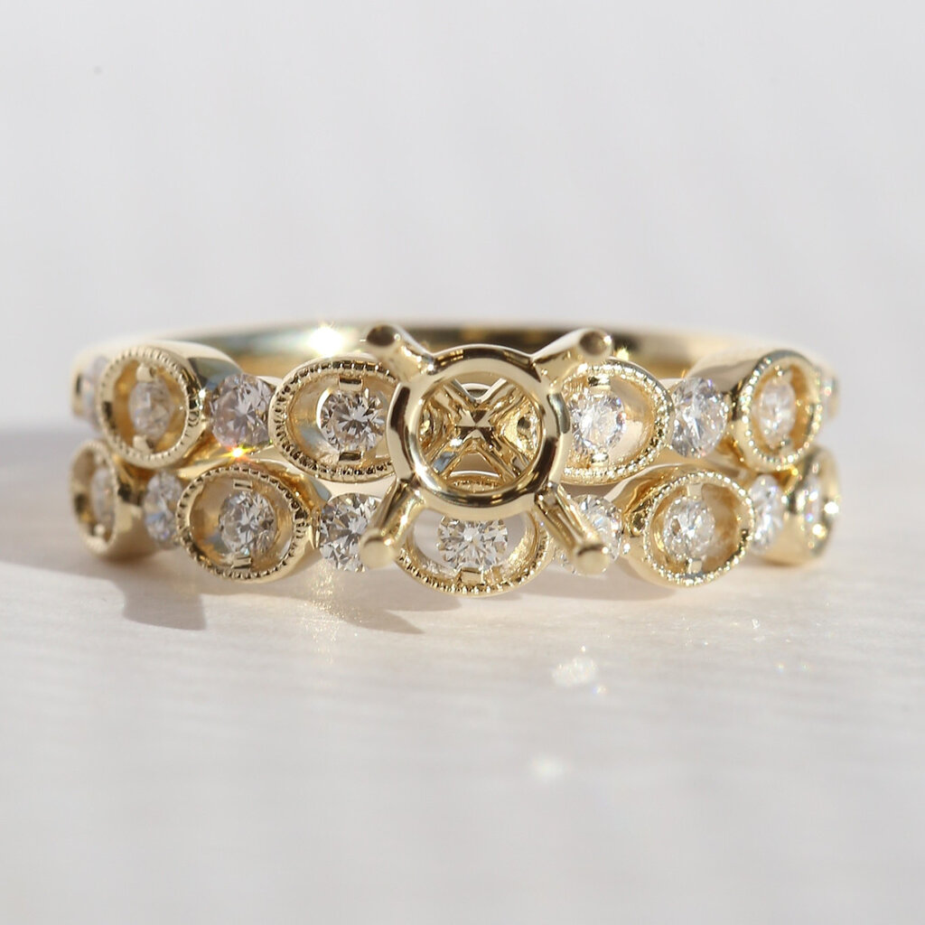 American Jewelry 14k Yellow Gold .56ctw Diamond Milgrain Open Design Semi Mount Engagement Ring & Wedding Band Set