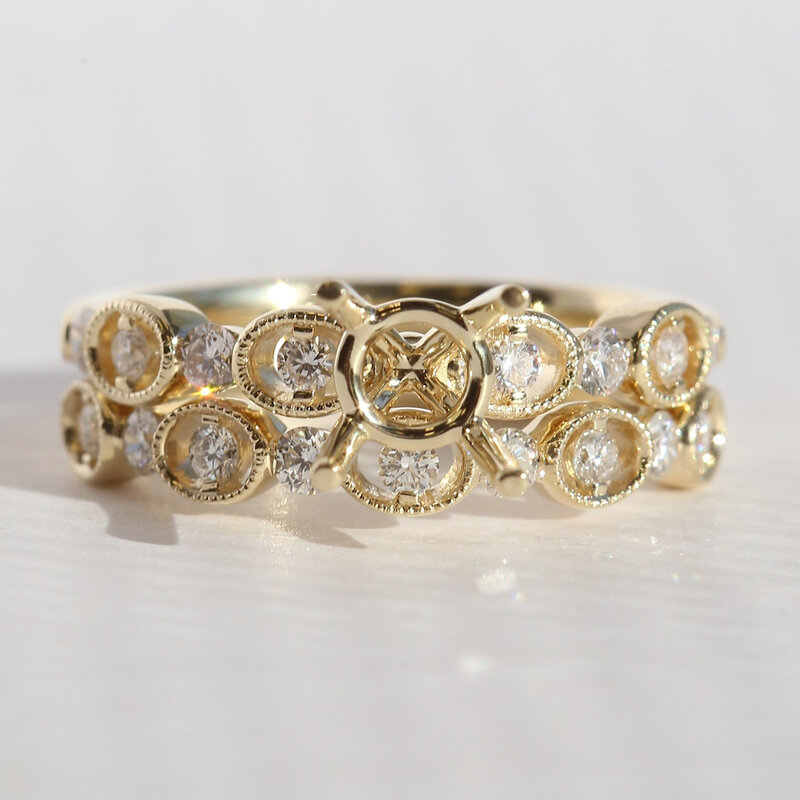 American Jewelry 14k Yellow Gold .56ctw Diamond Milgrain Open Design Semi Mount Engagement Ring & Wedding Band Set
