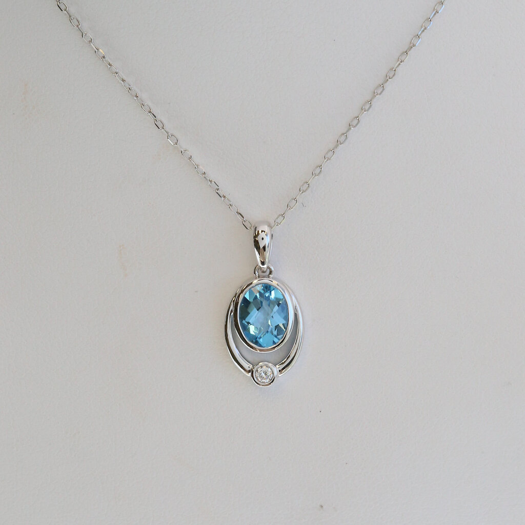 American Jewelry 14k White Gold 1.45ct Blue Topaz .04ct Diamond Oval Bezel Necklace