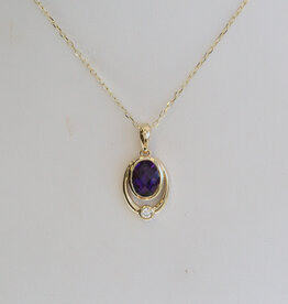 American Jewelry 14k Yellow Gold 1.45ct Amethyst .04ct Diamond Accent Oval Bezel Necklace