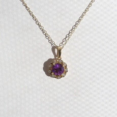 American Jewelry 14k Yellow Gold 1.37ct Amethyst .05ctw Diamond Round Halo Necklace