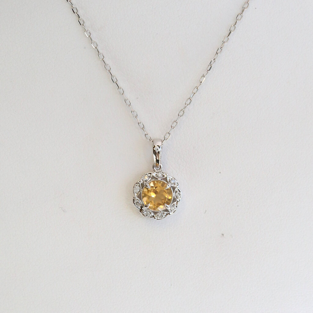 American Jewelry 14k White Gold .95ct Citrine .05ctw Diamond Halo Necklace