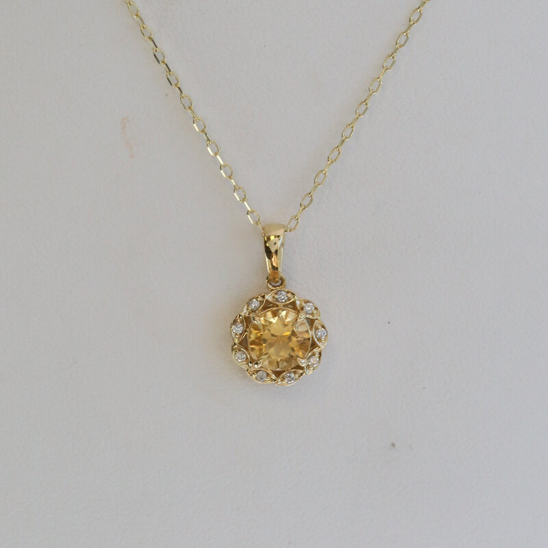 American Jewelry 14k Yellow Gold 1.05ct Citrine .05ctw Diamond Halo Necklace